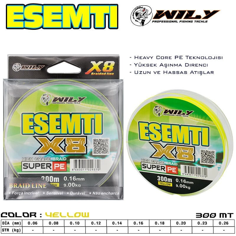 Wily Esemti 8 Kat İp Misina 300 mt Sarı 0,16