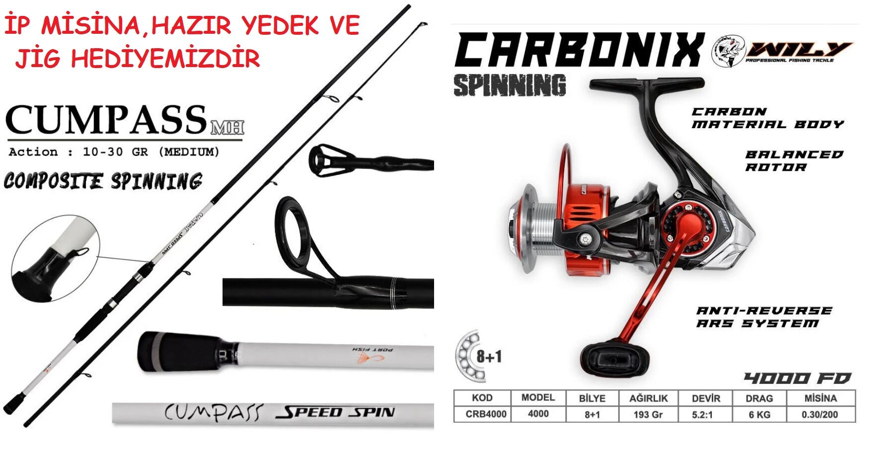 Portfish Cumpass 240cm Spin Kamış 10 - 30 gr & Wily Carbonix 4000 Spin Olta Seti