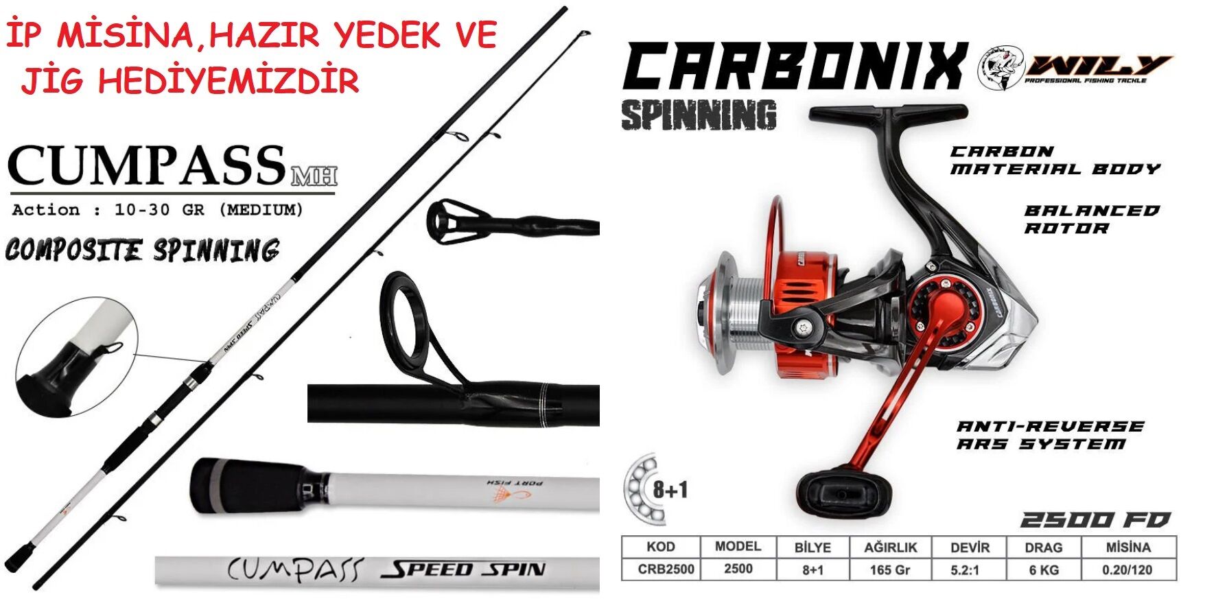 Portfish Cumpass 240cm Spin Kamış 10 - 30 gr & Wily Carbonix 2500 Spin Olta Seti