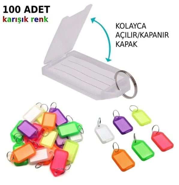 100 Adet Anahtarlık Plastik Etiket Kimlik Isimlik Isim Yazı Yazmalık Yazılabilen Kapaklı