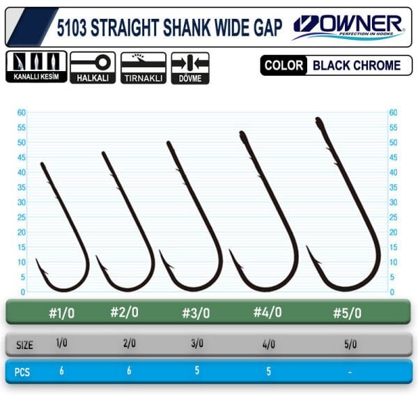 Owner 5103  Straight Shank Wide Gap Uzun Pala Lüfer İğnesi 4-0