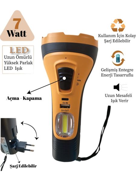 Gold Silver GS-4275 Şarj Edilebilir El Feneri 7 Watt, Cob Aydınlatmalı Portatif El Feneri