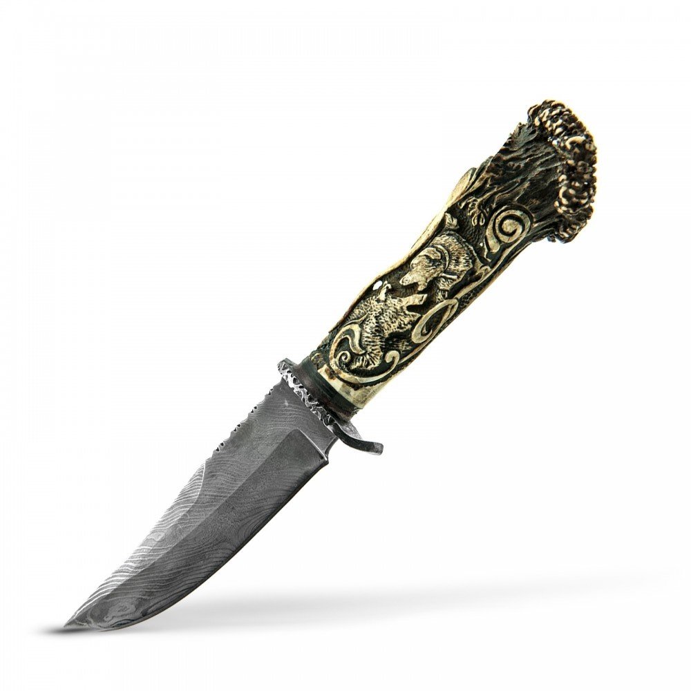 AvAlemi B5 Türk Sarması Damascus Çelik ve Kızıl Geyik Boynuzu Kabzeli Özel Yapım Av Bıçağı