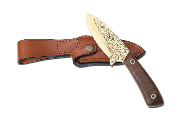 Bora 408 Leopard Kök Ceviz Sap Altın Kaplama Gravürlü Bıçak