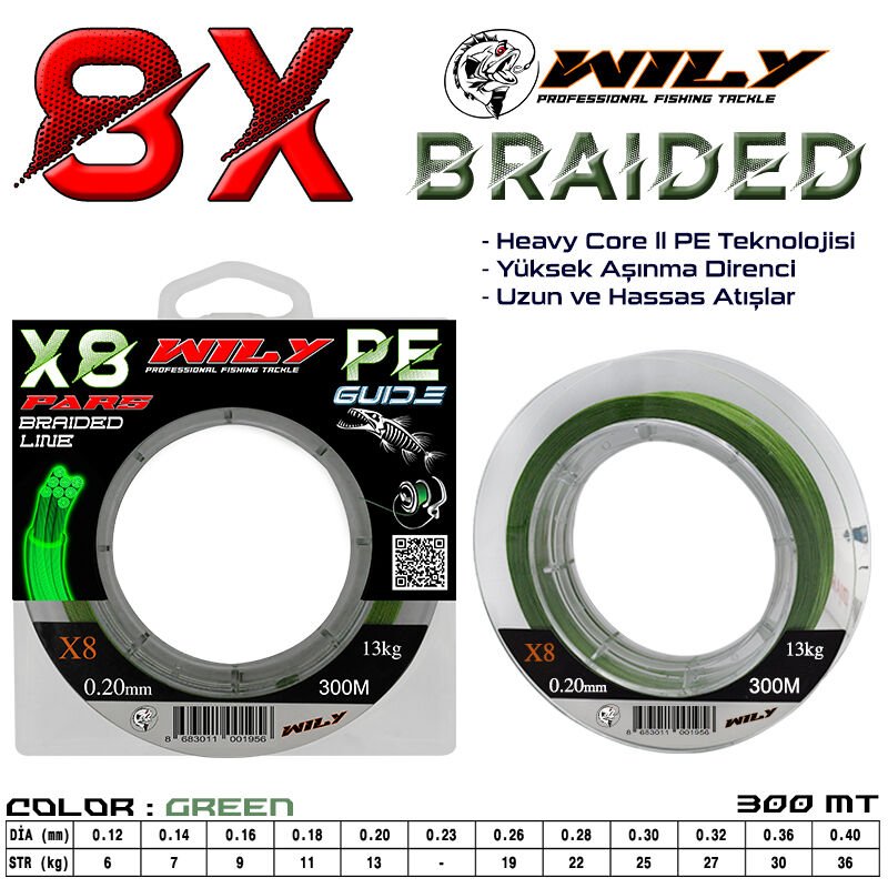 Wily Pars 8 Kat İp Misina 300 mt Yeşil 0,26