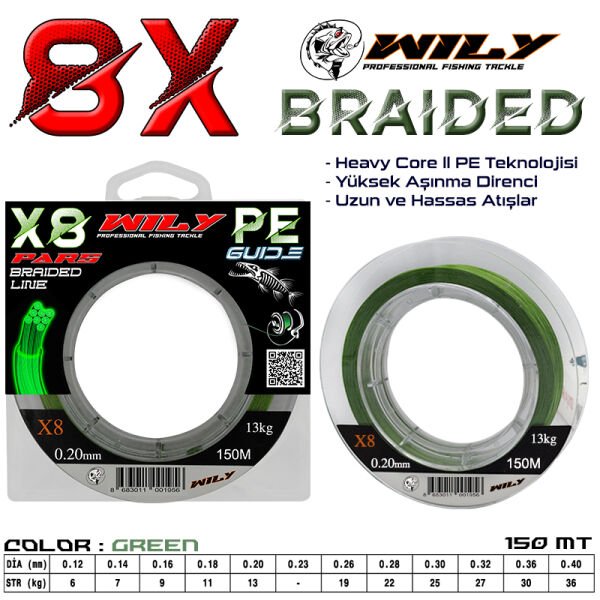 Wily Pars 8 Kat İp Misina 150 mt Yeşil 0,14