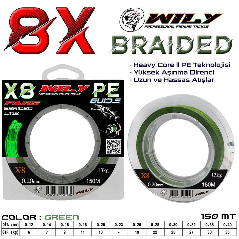 Wily Pars 8 Kat İp Misina 150 mt Yeşil 0,16