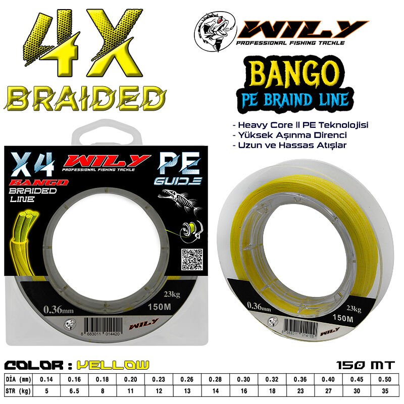Wily Bango 4 Kat İp Misina 150 mt Sarı 0,14