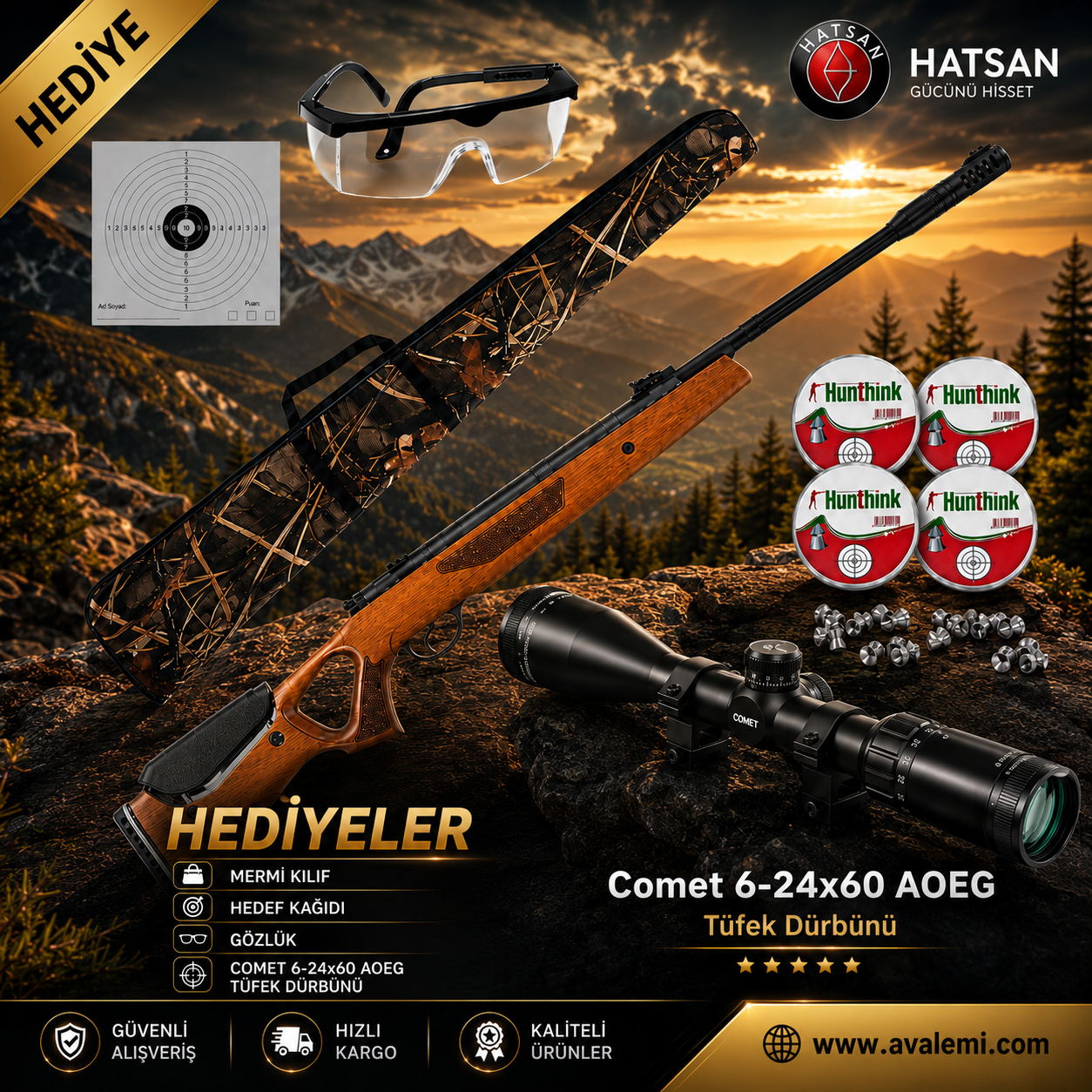 Hatsan Mod 65 Vortex Havalı Tüfek Seti 6-24x50 Zoomlu Işıklı Dürbün