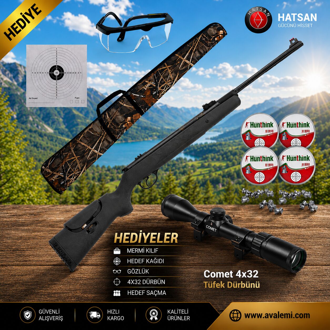 Hatsan Mod 87 QE Vortex Havalı Tüfek Seti Comet 4x32 Tüfek Dürbünü