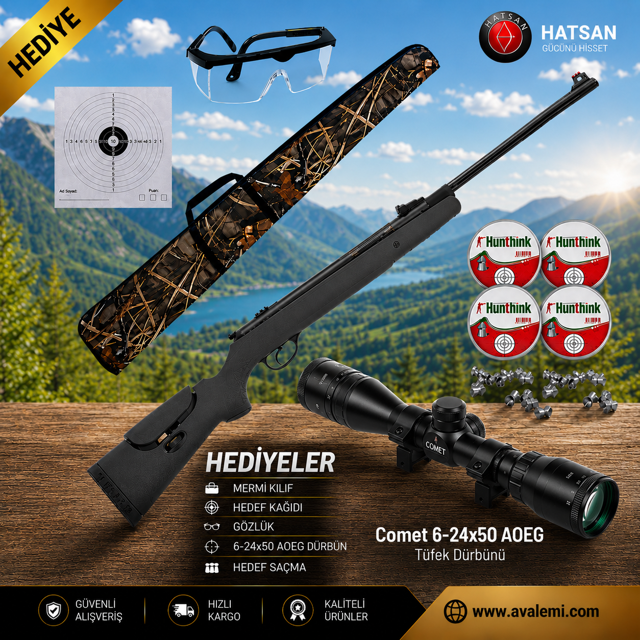 Hatsan Mod 87 QE Vortex Havalı Tüfek Seti 6-24x50 AOEG Tüfek Dürbünü