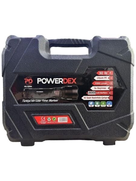 Powerdex PD-12500 Su Geçirmez 50 Watt 5000 Lümen Süper Güçlü LED Profesyonel Şarjlı El Feneri