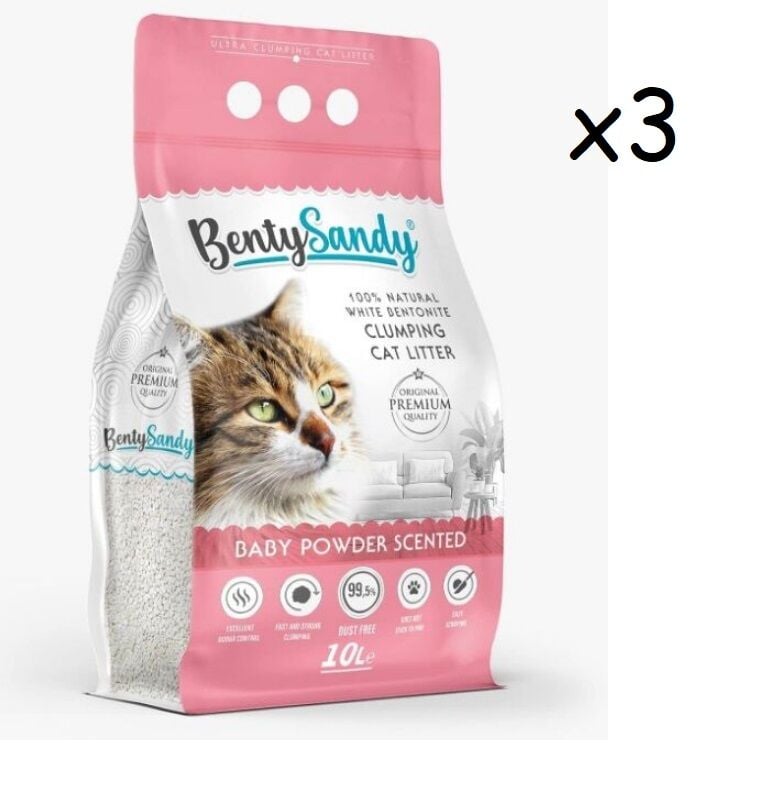 Bentysandy Bebek Pudrası Kokulu İnce Bentonit Kedi Kumu 10 Lt 3 Paket