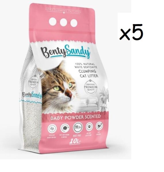 Bentysandy Bebek Pudrası Kokulu İnce Bentonit Kedi Kumu 10 Lt 5 Paket