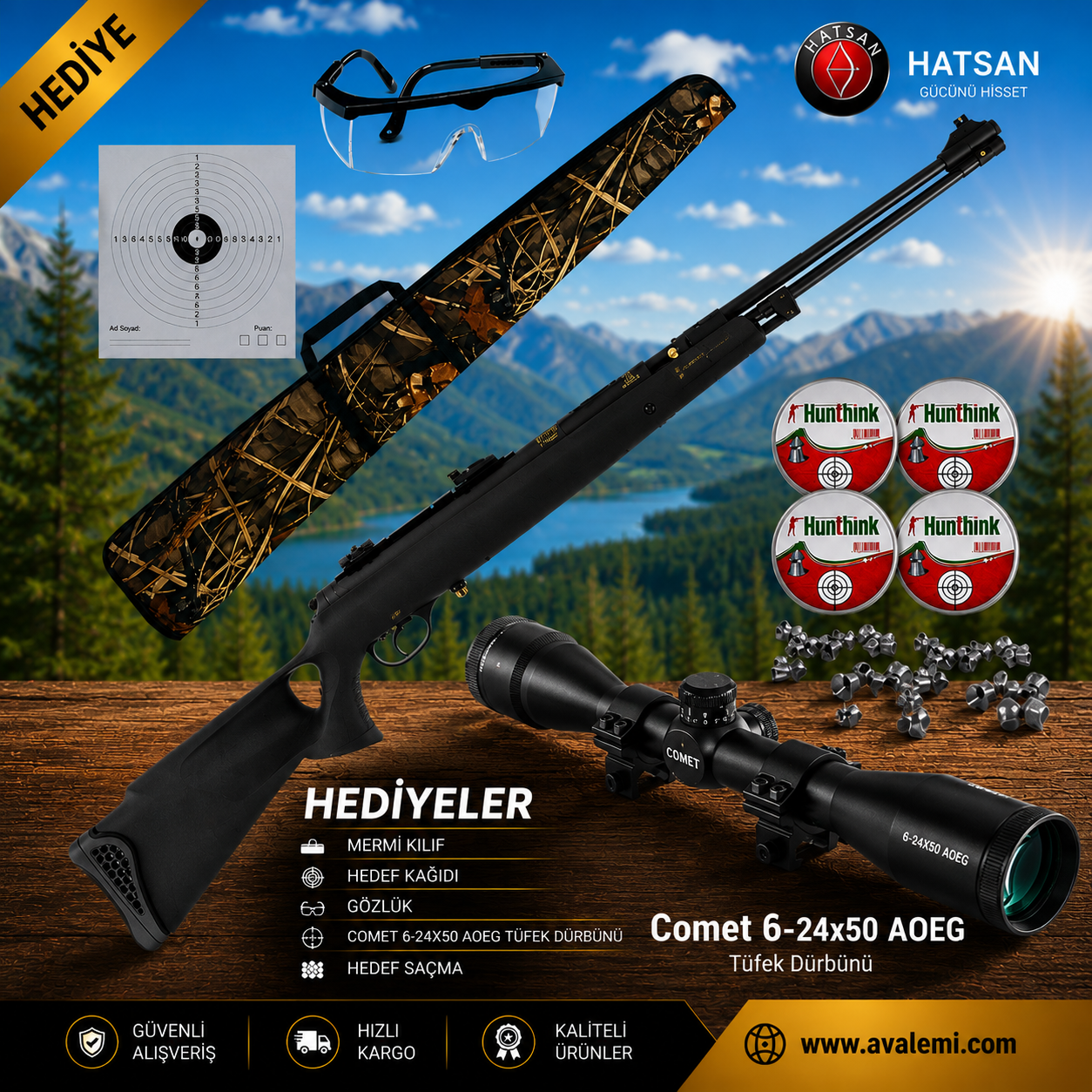 Hatsan Torpedo 150 Havalı Tüfek Seti 6-24x50 AOEG Zoomlu Tüfek Dürbünü