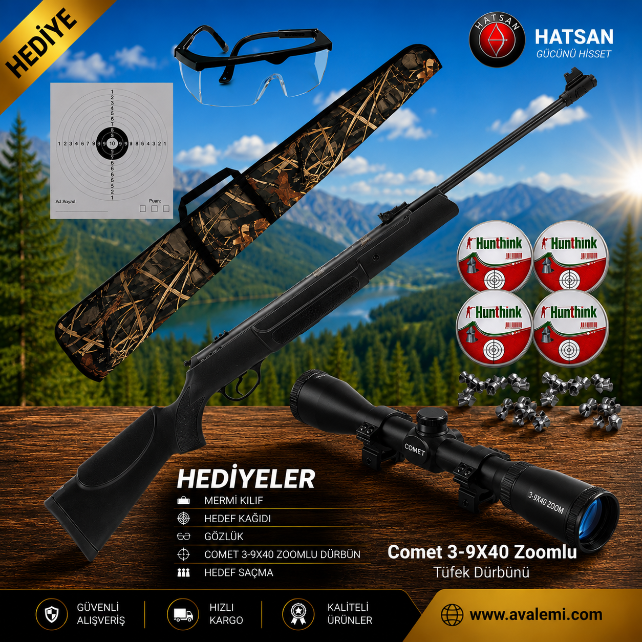 Hatsan Mod 90 Havalı Tüfek Seti Comet 3-9x40 Zoomlu Dürbün