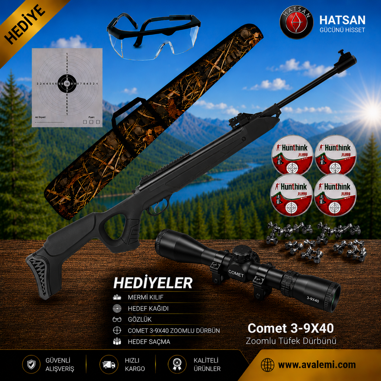 Hatsan SpeedFire 1250 Vortex Şarjörlü Havalı Tüfek Comet 3-9X40 Zoomlu Dürbünü