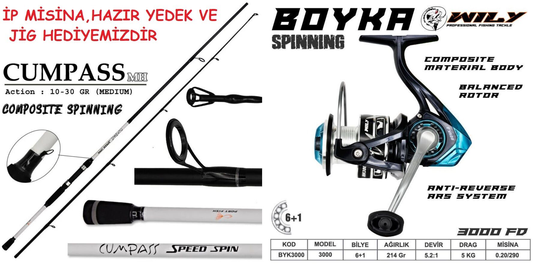Portfish Cumpass 240cm Spin Kamış 10 - 30 gr & Wily boyka 3000 Spin Olta Seti