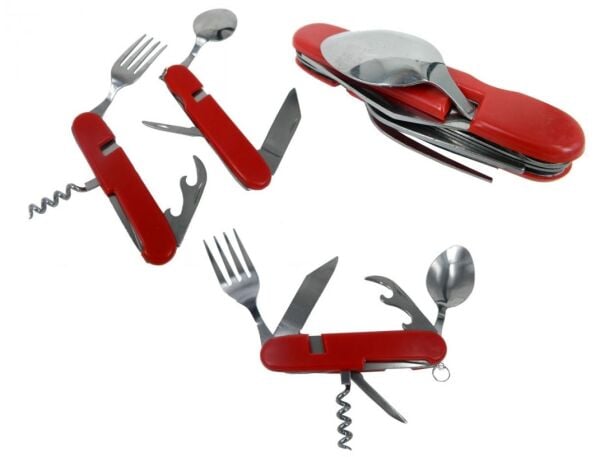Fonksyonlu Kırmızı Çatal Kaşık Çakı Bıçak Seti