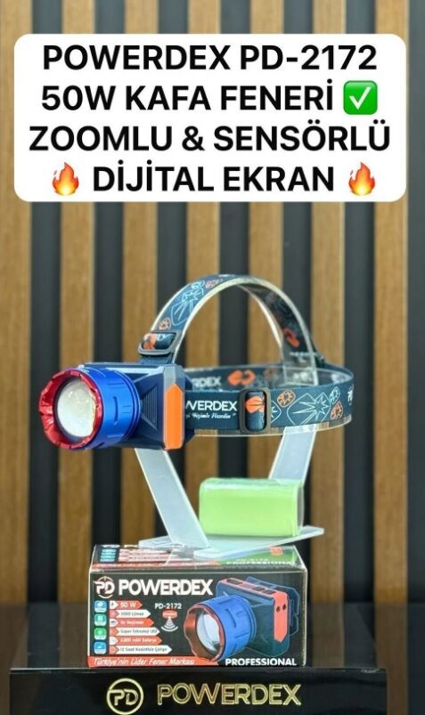 Powerdex Pd-2172 50w 3000 Lümen 6800mAH Batarya Zoomlu & Sensörlü Dijital Ekran Kafa Lambası (Yeni)