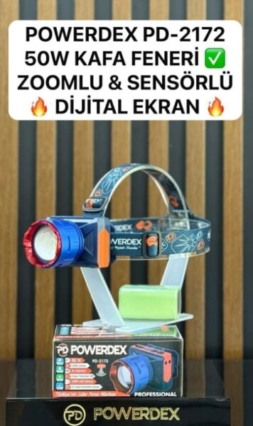 Powerdex Pd-2172 50w 3000 Lümen 6800mAH Batarya Zoomlu & Sensörlü Dijital Ekran Kafa Lambası (Yeni)