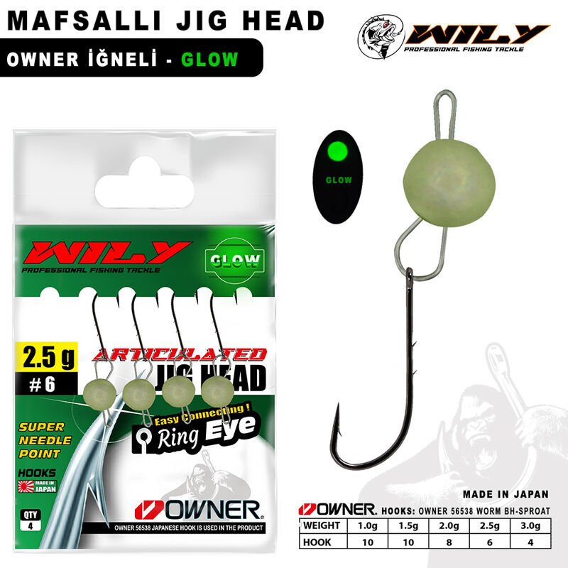 Wily Jig Head Mafsallı Owner İğneli - Glow 1,5 gr
