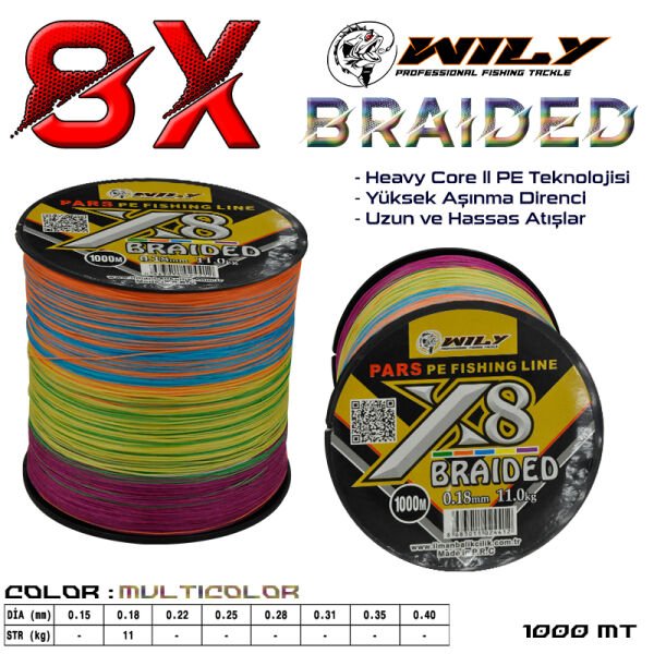 Wily Pars 8 Kat İp Misina 1000 mt Multicolor 0,28