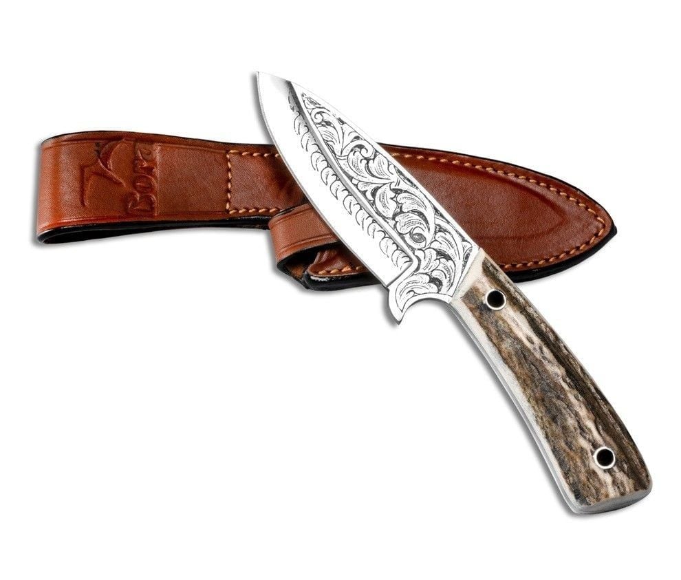 Bora 408 Leopard Geyik Boynuzu Saplı Gravürlü Bıçak