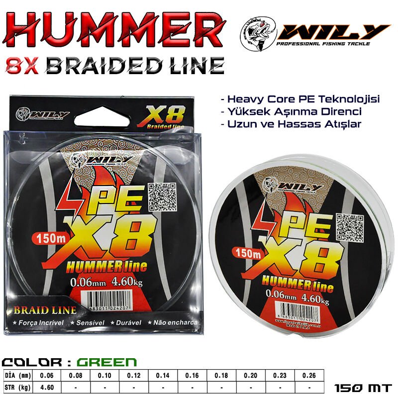 Wily Hummer 8 Kat İp Misina 150 mt Yeşil 0,12