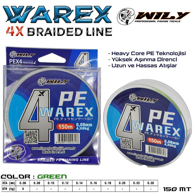 Wily Warex 4 Kat İp Misina 150 mt Yeşil 0,06